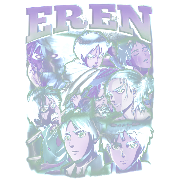 A vibrant graphic featuring multiple expressions of Eren from "Attack on Titan," with his name prominently displayed above.DTF Transfers dtf prints