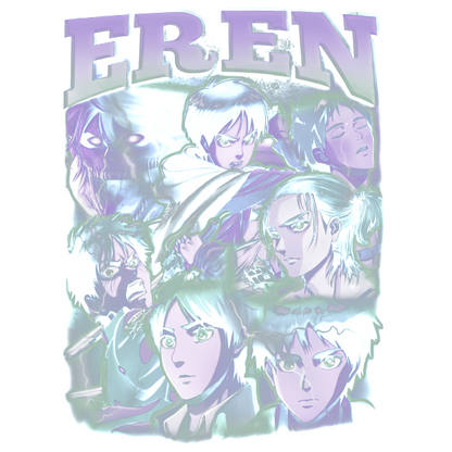 A vibrant graphic featuring multiple expressions of Eren from "Attack on Titan," with his name prominently displayed above.DTF Transfers dtf prints