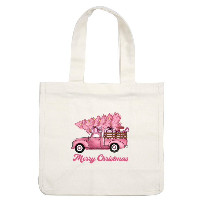 A charming vintage pink truck loaded with gifts and a festive pink tree, adorned with "Merry Christmas" in whimsical lettering. heat press transfers