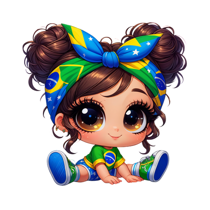 A cute, chibi-style girl in a vibrant Brazilian flag t-shirt and bandana, complete with playful sneakers.DTF Transfers dtf transfers