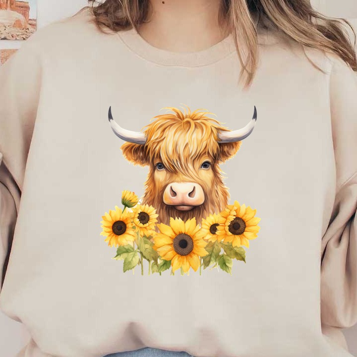 Una encantadora ilustración de una vaca de las Highlands rodeada de vibrantes girasoles, que captura un ambiente campestre alegre y caprichoso.