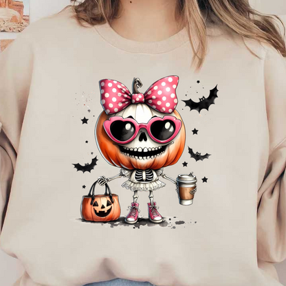 Un personaje caprichoso con cabeza de calabaza, cuerpo de esqueleto, lazo rosa y gafas de sol, sosteniendo un café y una bolsa de mano.