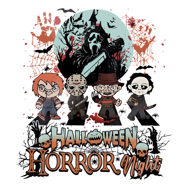 Celebrate Halloween with this fun illustration featuring iconic horror characters against a spooky backdrop, perfect for a horror night theme! dtf transfers