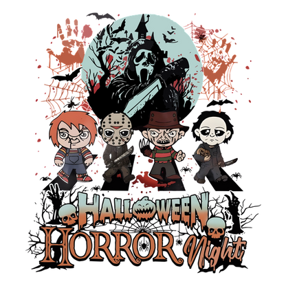 Celebrate Halloween with this fun illustration featuring iconic horror characters against a spooky backdrop, perfect for a horror night theme! dtf transfers