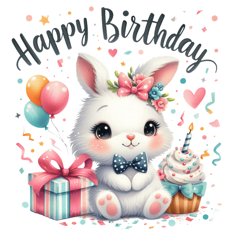 A cute cartoon bunny adorned with a flower crown celebrates a birthday, surrounded by gifts, balloons, and a cupcake.DTF Transfers