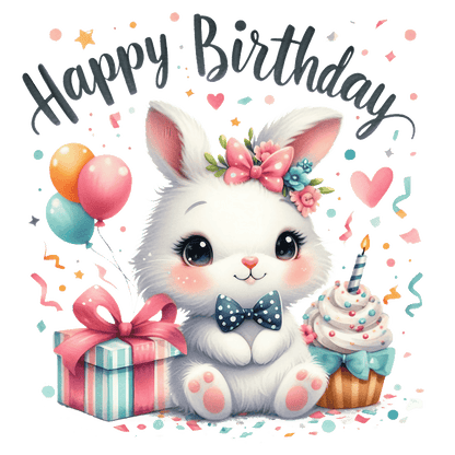 A cute cartoon bunny adorned with a flower crown celebrates a birthday, surrounded by gifts, balloons, and a cupcake.DTF Transfers