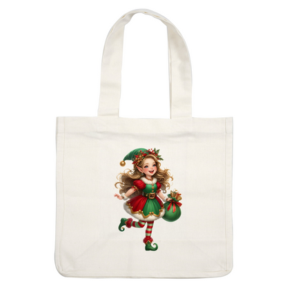 A cheerful elf girl in a festive red and green outfit, holding a bag of gifts with a playful smile.DTF Transfers dtf prints