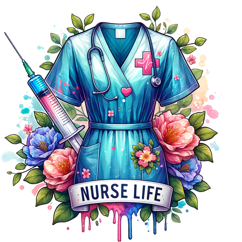 A vibrant, artistic depiction of a nurse's scrubs surrounded by colorful flowers and a syringe, celebrating "Nurse Life."DTF Transfers