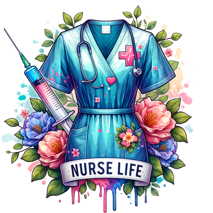 A vibrant, artistic depiction of a nurse's scrubs surrounded by colorful flowers and a syringe, celebrating "Nurse Life."DTF Transfers