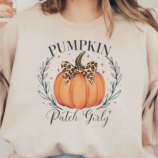 Charming pumpkin illustration with a leopard print bow, surrounded by decorative leaves, perfect for a whimsical fall design. heat press transfers