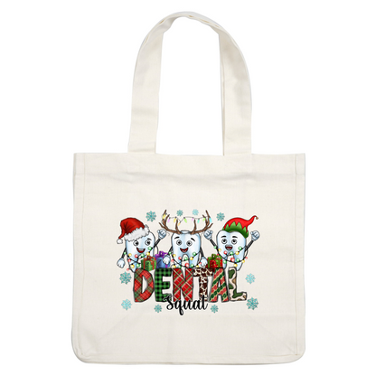 Celebrate the festive spirit with cheerful cartoon teeth in holiday attire, surrounded by gifts, lights, and snowflakes!DTF Transfers dtf transfersdtf regular iron