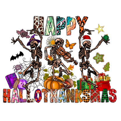 A whimsical and festive design featuring dancing skeletons celebrating Halloween, Thanksgiving, and Christmas with vibrant decorations and gifts.DTF Transfers dtf prints