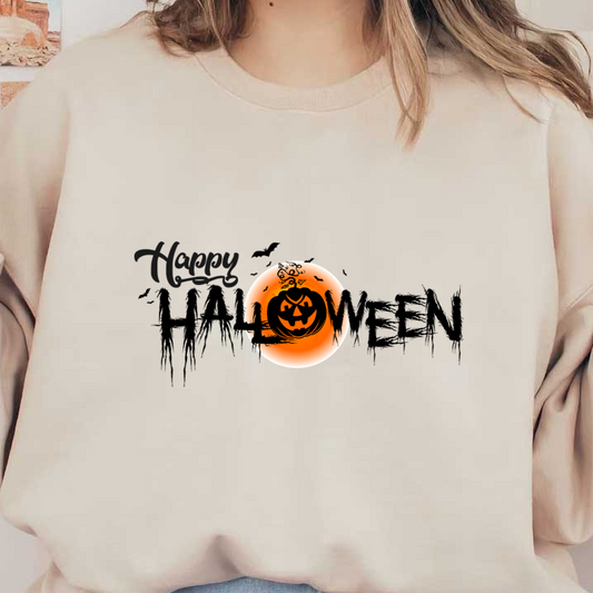 Happy Halloween graphic featuring a spooky pumpkin set against an orange background, perfect for festive decorations!dtf regular iron