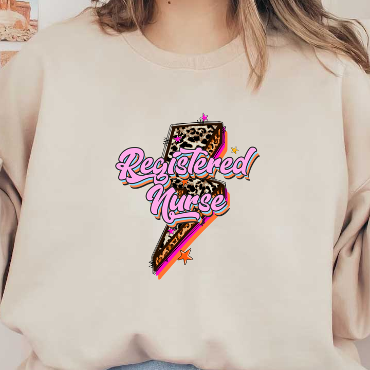 Bold and vibrant "Registered Nurse" graphic featuring a playful lightning bolt with leopard print and colorful stars, perfect for nurses!DTF Transfers