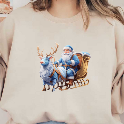 A cheerful Santa in a blue outfit rides a whimsical blue reindeer-drawn sleigh, embodying the festive spirit of Christmas.DTF Transfers dtf prints