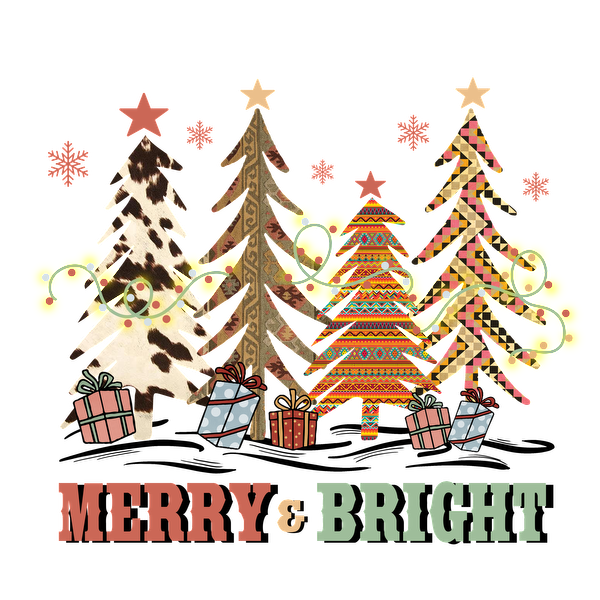 A festive illustration featuring colorful Christmas trees, gifts, and the cheerful phrase "Merry & Bright" surrounded by decorative elements. heat press transfers