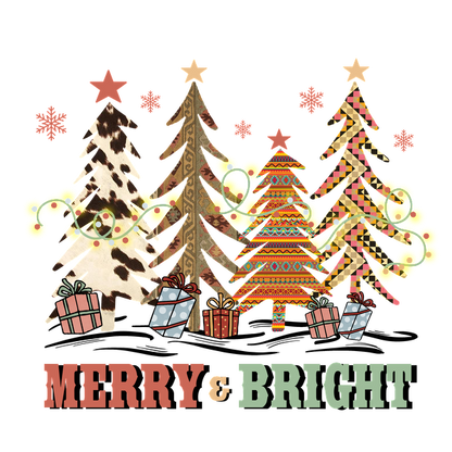 A festive illustration featuring colorful Christmas trees, gifts, and the cheerful phrase "Merry & Bright" surrounded by decorative elements. heat press transfers