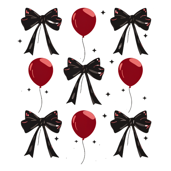 Un patrón divertido con globos rojos y lazos negros, perfecto para celebraciones festivas o decoraciones de fiestas.