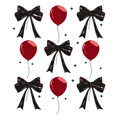 Un patrón divertido con globos rojos y lazos negros, perfecto para celebraciones festivas o decoraciones de fiestas.