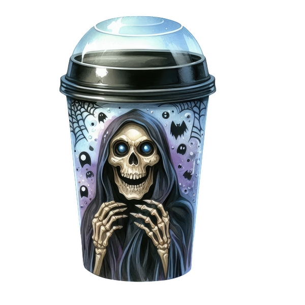 A spooky coffee cup featuring a skeletal figure in a hood, surrounded by web designs and cute bats, perfect for Halloween! dtf prints