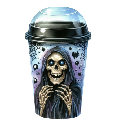 A spooky coffee cup featuring a skeletal figure in a hood, surrounded by web designs and cute bats, perfect for Halloween! dtf prints