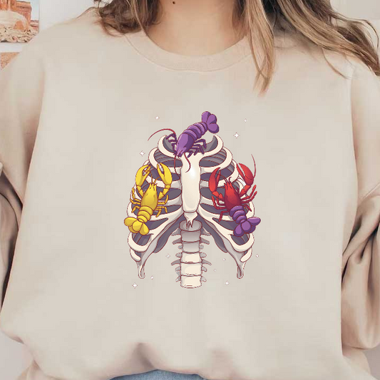 A whimsical illustration featuring colorful lobsters perched on a stylized human ribcage, blending marine life with anatomical design.DTF Transfers