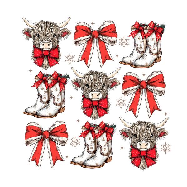 A charming illustration featuring Western boots, festive bows, and Highland cow heads, all adorned with red ribbons and holiday flair. dtf prints