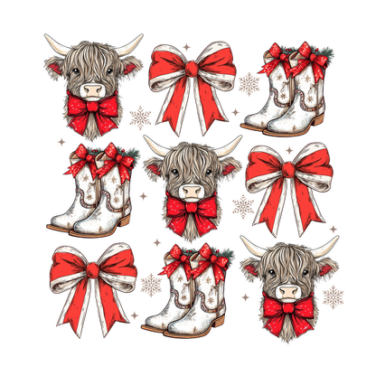 A charming illustration featuring Western boots, festive bows, and Highland cow heads, all adorned with red ribbons and holiday flair. dtf prints