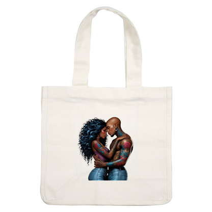 A couple embraces passionately, showcasing vibrant tattoos and stylish denim, with the woman featuring voluminous curly hair and the man sporting a shaved head.DTF Transfers heat press transfers