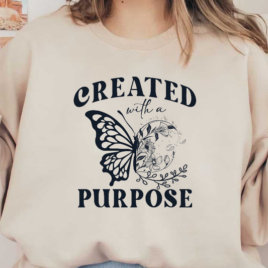 A beautifully designed graphic featuring the phrase "Created with a Purpose" and a delicate butterfly surrounded by floral elements.DTF Transfers