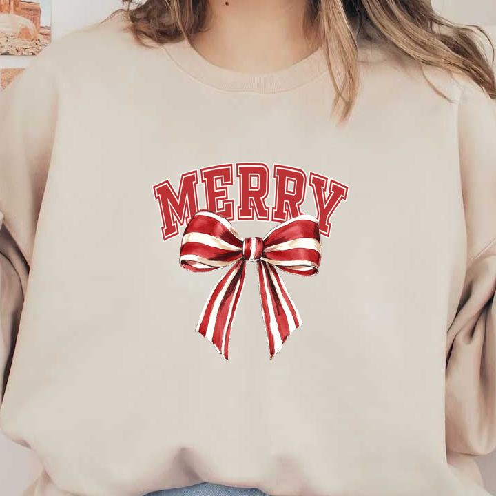 A festive design featuring the word "MERRY" in bold red letters, accented by a cheerful red and white striped ribbon. dtf transfers