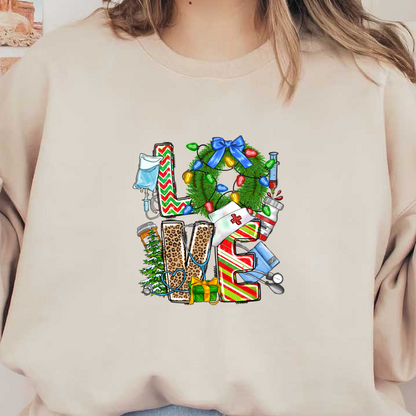 Celebrate the season with this vibrant "LOVE" design, featuring festive elements like a wreath, medical items, and colorful decorations.DTF Transfers heat press transfers