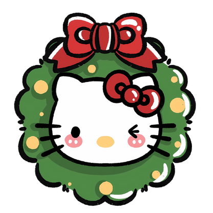 This adorable illustration features Hello Kitty peeking through a festive wreath adorned with bright red bows and cheerful ornaments.DTF Transfers