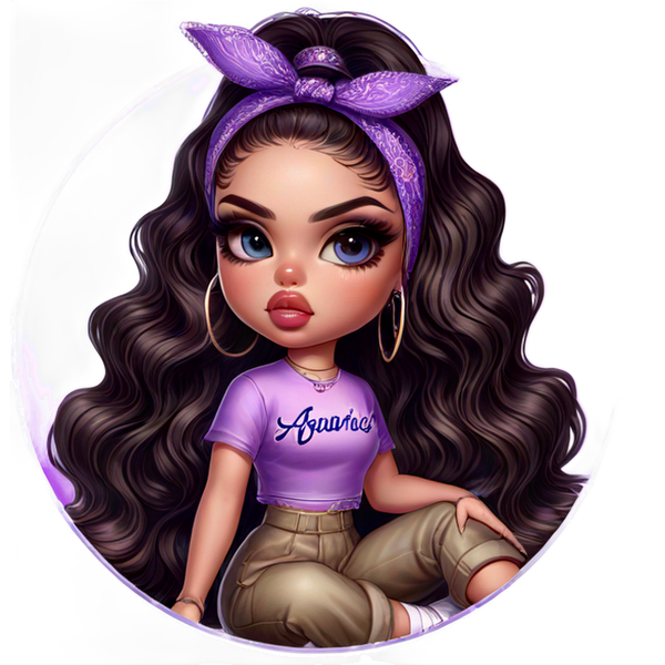 Un personaje elegante con cabello largo y ondulado, que viste un top morado y pantalones beige, y complementa su atuendo con un pañuelo a juego.