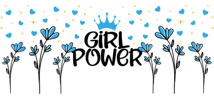 A vibrant design featuring a crown and the word "GIRL," adorned with blue hearts and flowers, perfect for celebrations.UV Transfers dtf transfers