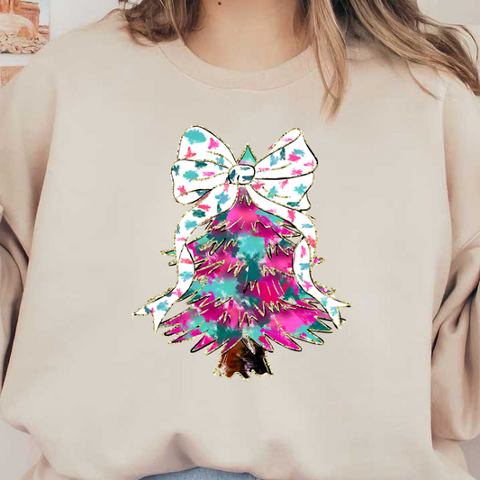 A vibrant, artistic Christmas tree illustration adorned with a decorative bow, featuring bright colors and a playful design.DTF Transfersdtf regular iron