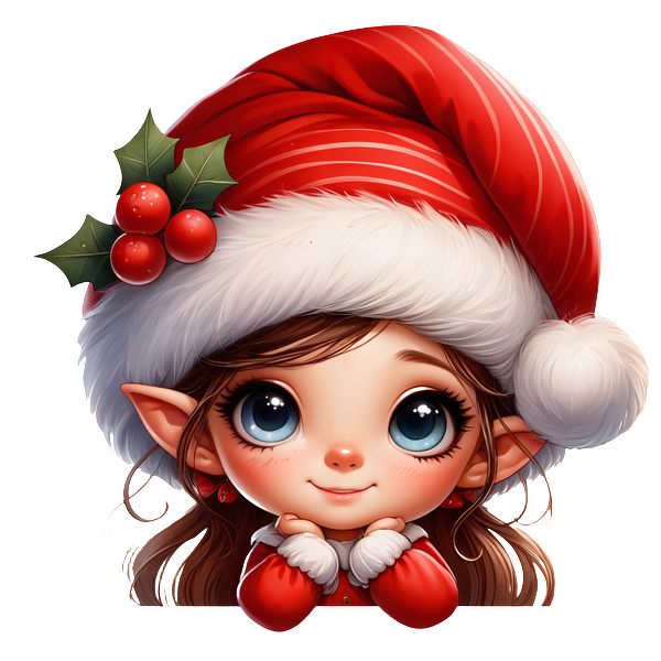 A cheerful cartoon elf girl wearing a red Santa hat with holly, showcasing big blue eyes and a warm smile.DTF Transfers heat press transfers