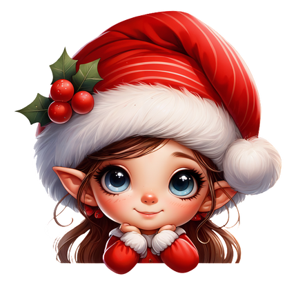 A cheerful cartoon elf girl wearing a red Santa hat with holly, showcasing big blue eyes and a warm smile.DTF Transfers heat press transfers