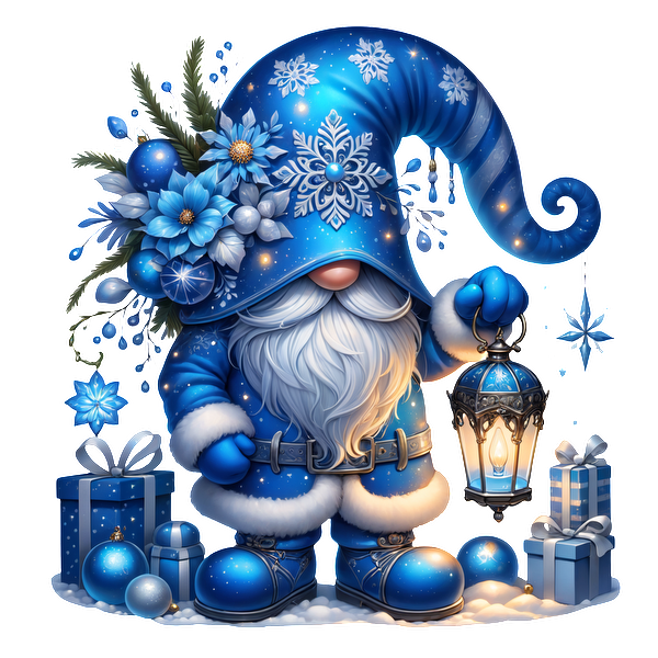 A festive blue gnome with a whimsical hat, adorned with flowers, holds a lantern among presents and ornaments.DTF Transfers dtf transfers