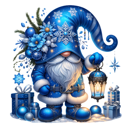 A festive blue gnome with a whimsical hat, adorned with flowers, holds a lantern among presents and ornaments.DTF Transfers dtf transfers