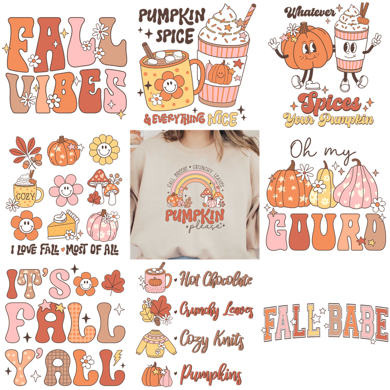 Cozy and cheerful fall-themed graphic designs celebrating pumpkins and autumn vibes.DTF Transfers