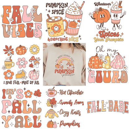 Cozy and cheerful fall-themed graphic designs celebrating pumpkins and autumn vibes.DTF Transfers