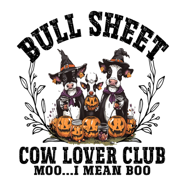 Two whimsical cows in witch hats, surrounded by festive pumpkins and a cute bunny, perfect for Halloween celebrations!