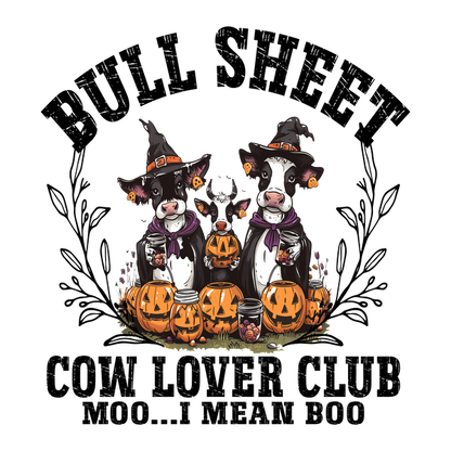 Two whimsical cows in witch hats, surrounded by festive pumpkins and a cute bunny, perfect for Halloween celebrations!