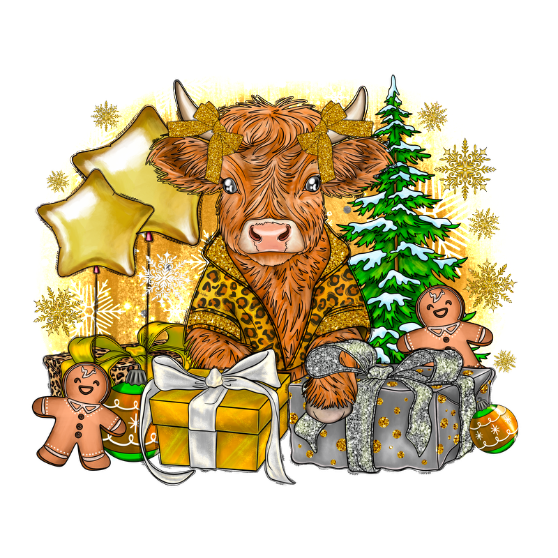 A charming illustration of a festive cow in a stylish robe surrounded by wrapped gifts, gingerbread cookies, and holiday decorations.DTF Transfers dtf transfers dtf prints