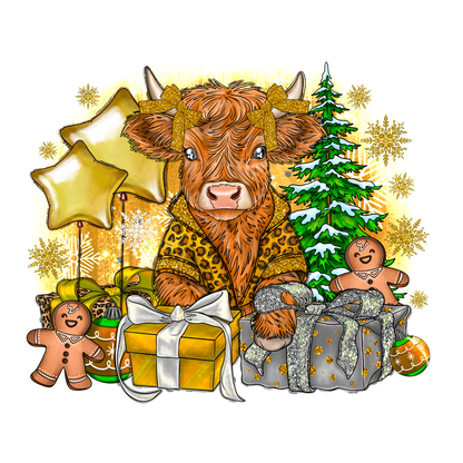 A charming illustration of a festive cow in a stylish robe surrounded by wrapped gifts, gingerbread cookies, and holiday decorations.DTF Transfers dtf transfers dtf prints