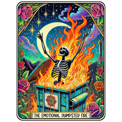 A vibrant illustration featuring a joyful skeleton amidst flames, emerging from a dumpster, titled "The Emotional Dumpster Fire." heat press transfers