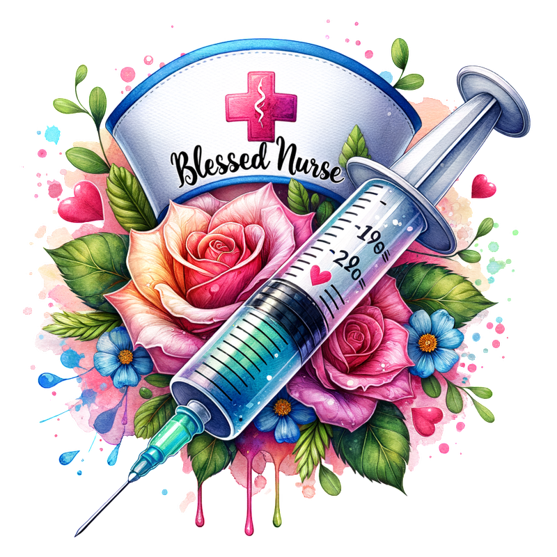 A vibrant and colorful design featuring a syringe surrounded by beautiful roses and flowers, celebrating the theme "Blessed Nurse."DTF Transfers