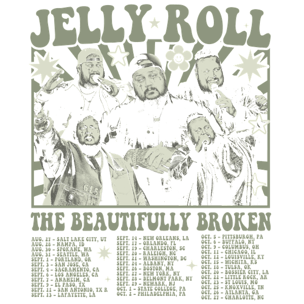 Afiche promocional de la gira "The Beautifully Broken" de Jelly Roll, con gráficos vibrantes y un cronograma de las fechas de la gira. Transferencias DTF