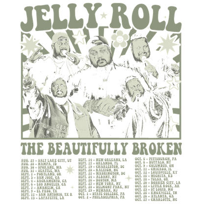 Afiche promocional de la gira "The Beautifully Broken" de Jelly Roll, con gráficos vibrantes y un cronograma de las fechas de la gira. Transferencias DTF